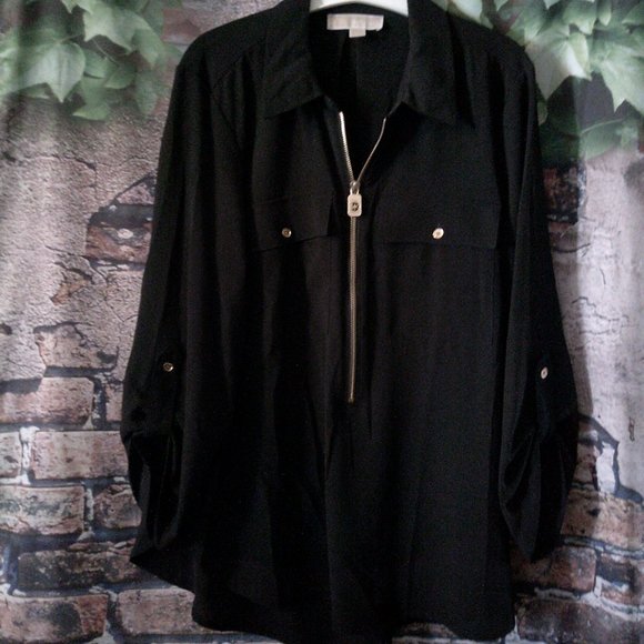 Black Gold Zip Pockets Long Sleeve Roll Tab Sleeve Blouse - Picture 1 of 5